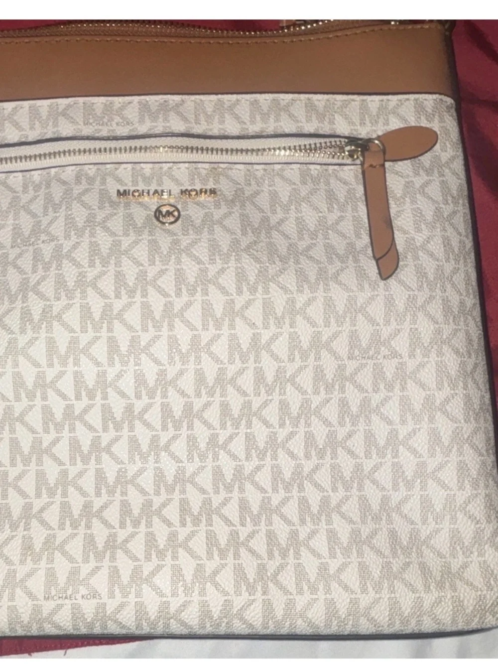 Michael Kors White & Tan MK Logo Messenger Bag